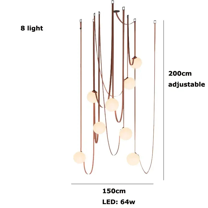 Modern copper decorbites glass ball pendant lamp with eight warm led lights on adjustable metal frame for dining room