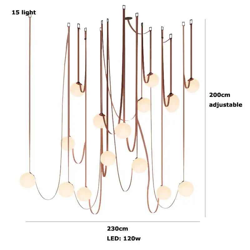 Modern copper decorbites glass ball pendant lamp with 15 frosted glass balls and curved cords for dining room lighting