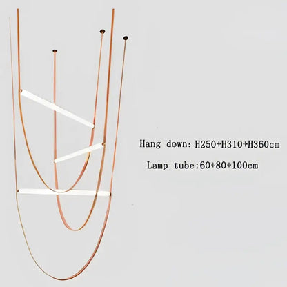 Copper-toned minimalist decorbites leather belt chandelier with white rectangular light tubes for dining room lighting