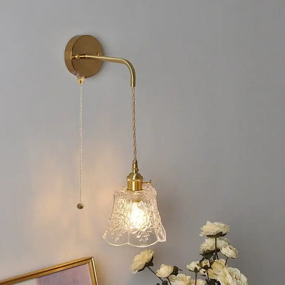 Vintage-style brass wall lamp with clear etched glass shade and twisted cord modern copper led wall light fixture
