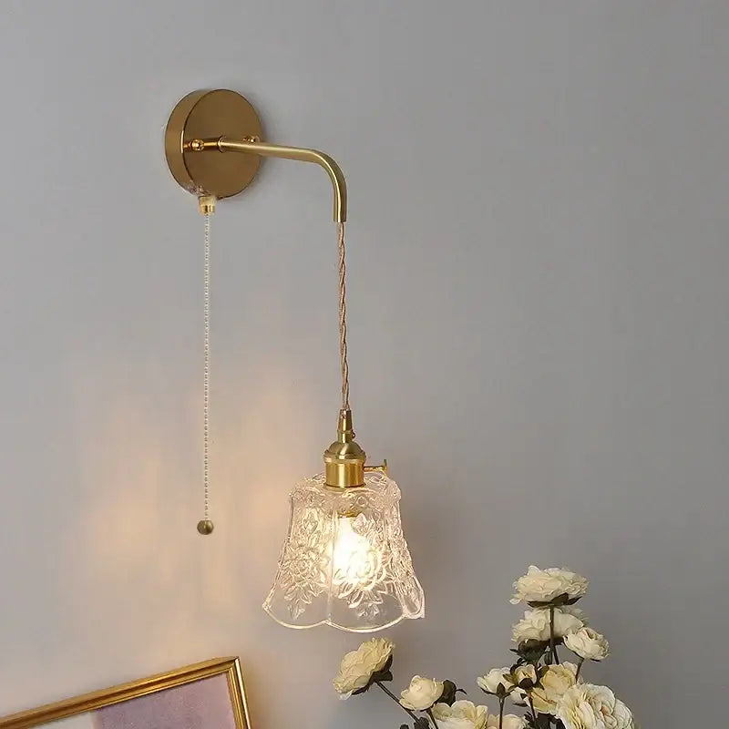 Vintage-style brass wall lamp with clear etched glass shade and twisted cord modern copper led wall light fixture