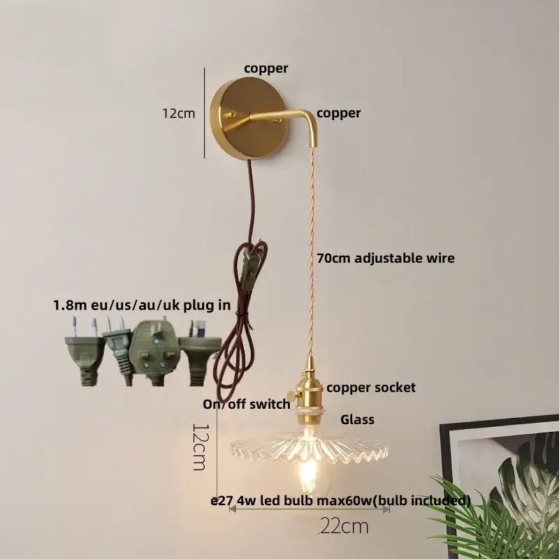 Modern copper etched glass led wall light fixture with adjustable wire vintage style wall lamp for bedroom sconce