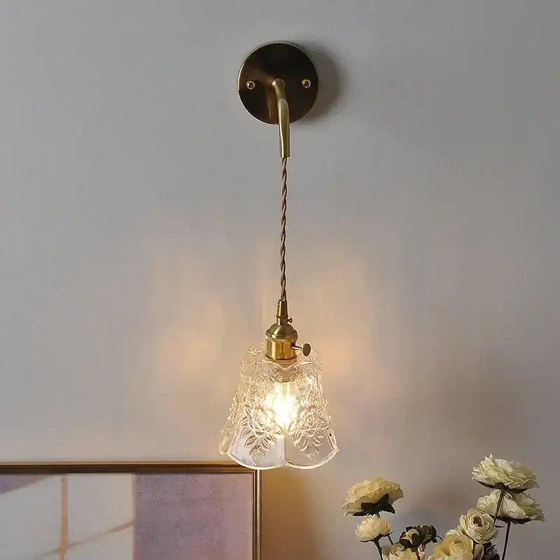 Antique brass wall lamp with a delicate etched glass shade modern copper led wall light fixture for bedroom