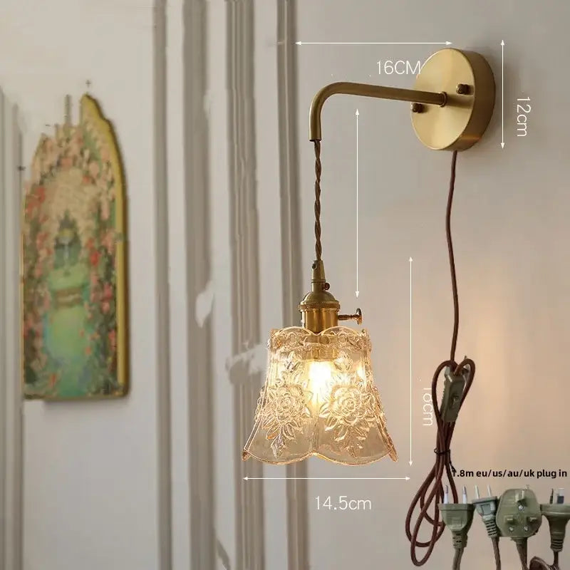 Antique brass wall lamp with a delicate etched glass shade featuring floral patterns modern led wall light fixture