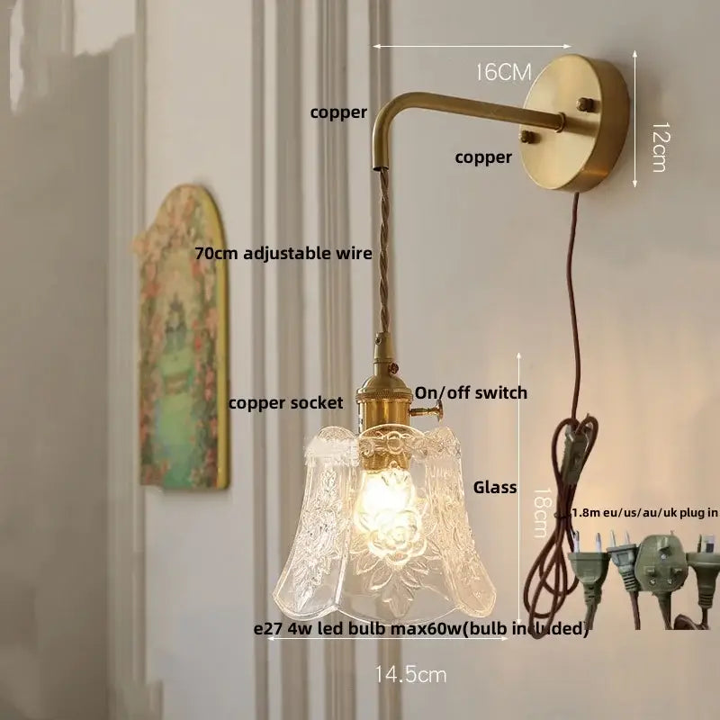 Antique brass-finished wall lamp with etched floral glass shade modern copper led wall light fixture for bedroom