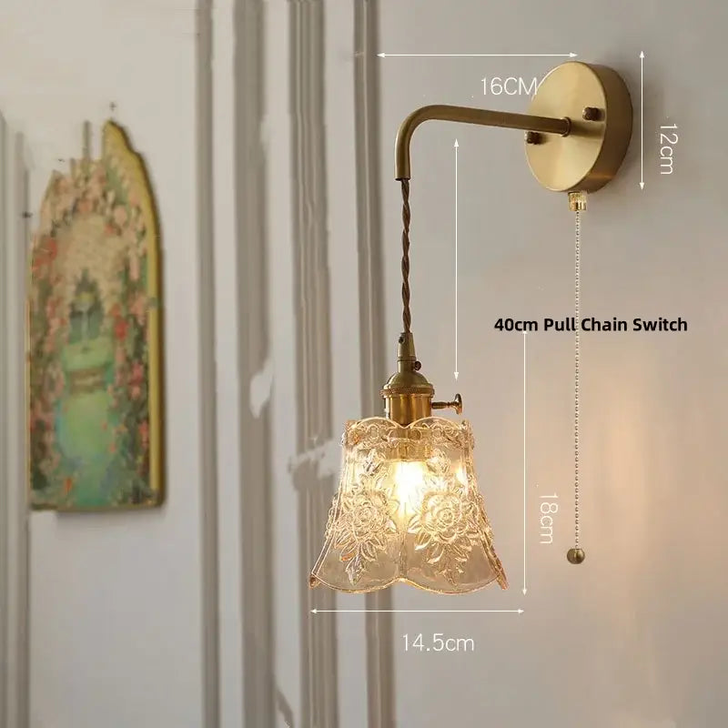 Antique brass wall lamp with etched floral glass shade modern copper led wall light fixture for bedroom