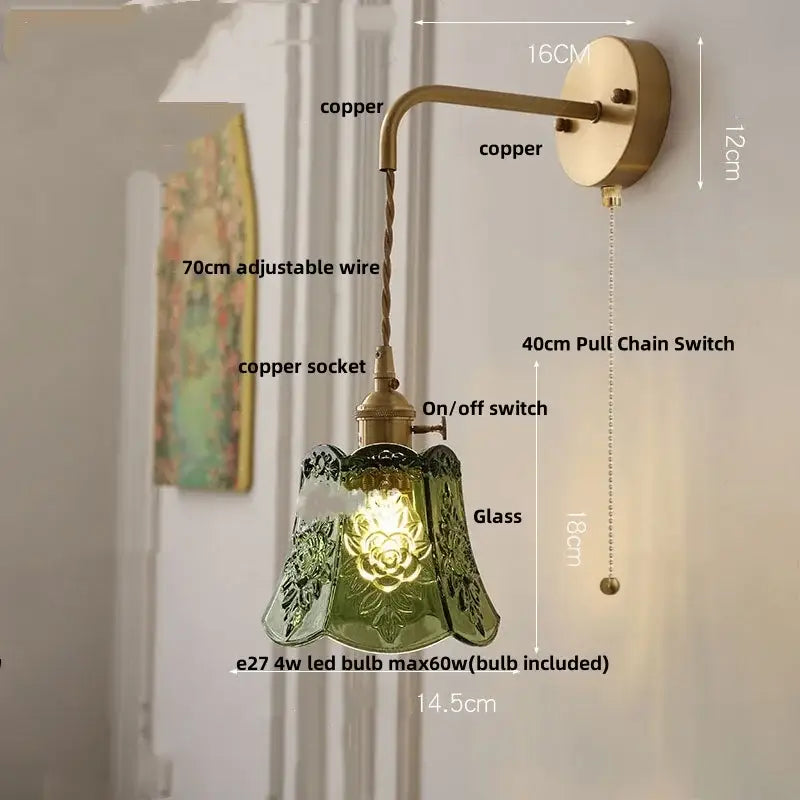 Vintage-style green glass wall lamp with copper hardware and ornate floral design modern led wall light fixture