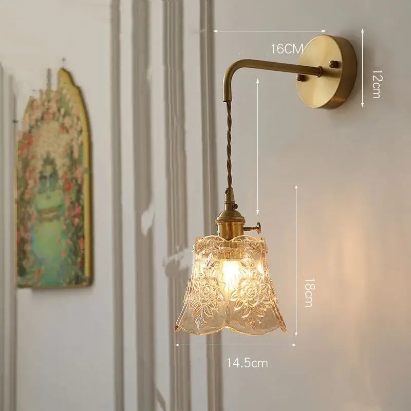 Antique brass wall lamp with delicate etched glass shade featuring floral patterns modern copper led wall light fixture
