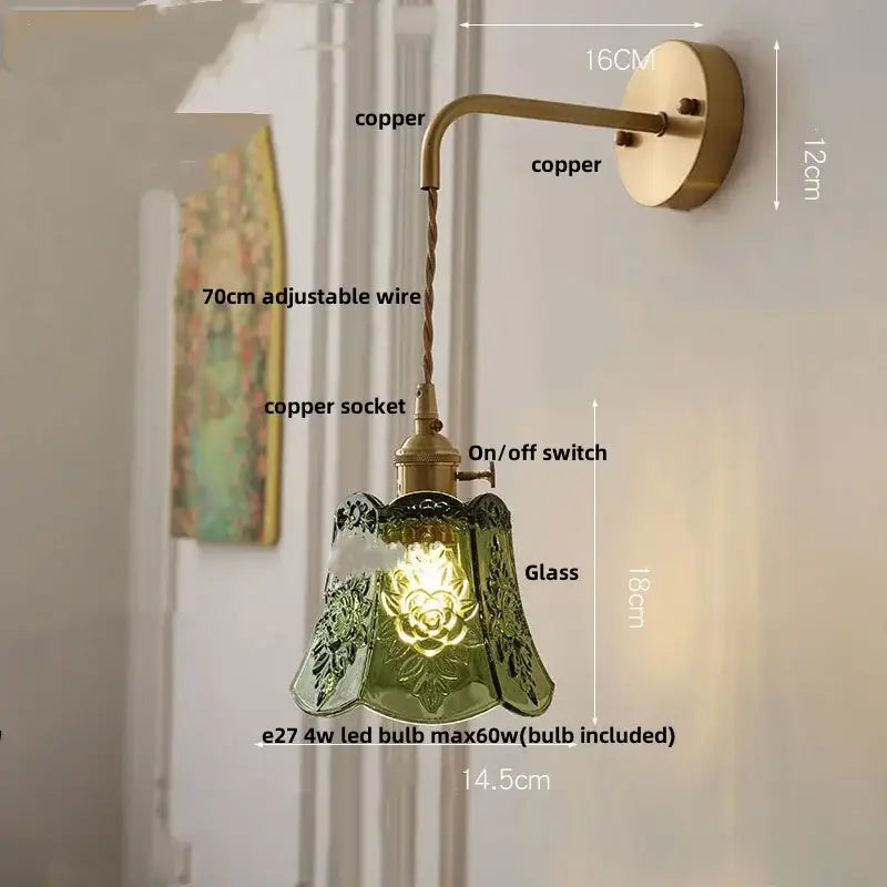Modern copper etched glass led wall light fixture with green floral glass and brass copper finish arm for bedroom wall lamp