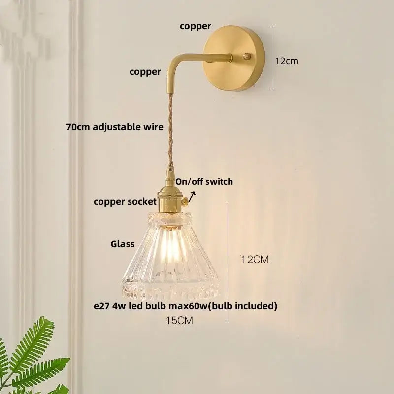 Modern copper etched glass led wall light fixture with brass-finished copper arm and faceted clear glass shade wall lamp