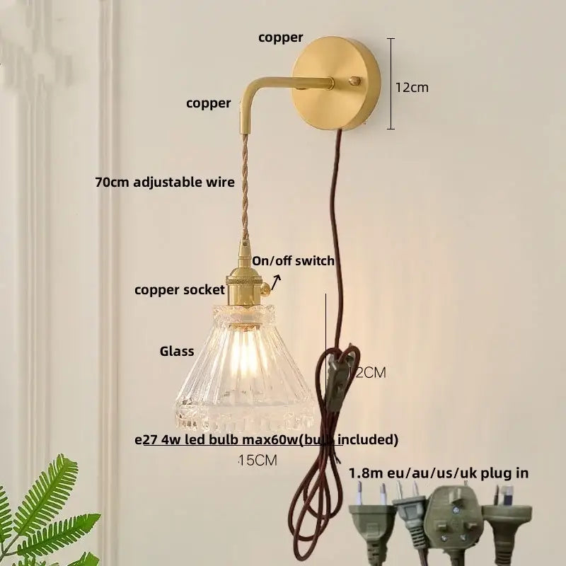 Modern gold-toned copper etched glass led wall light fixture with faceted clear glass shade and 70cm adjustable wire