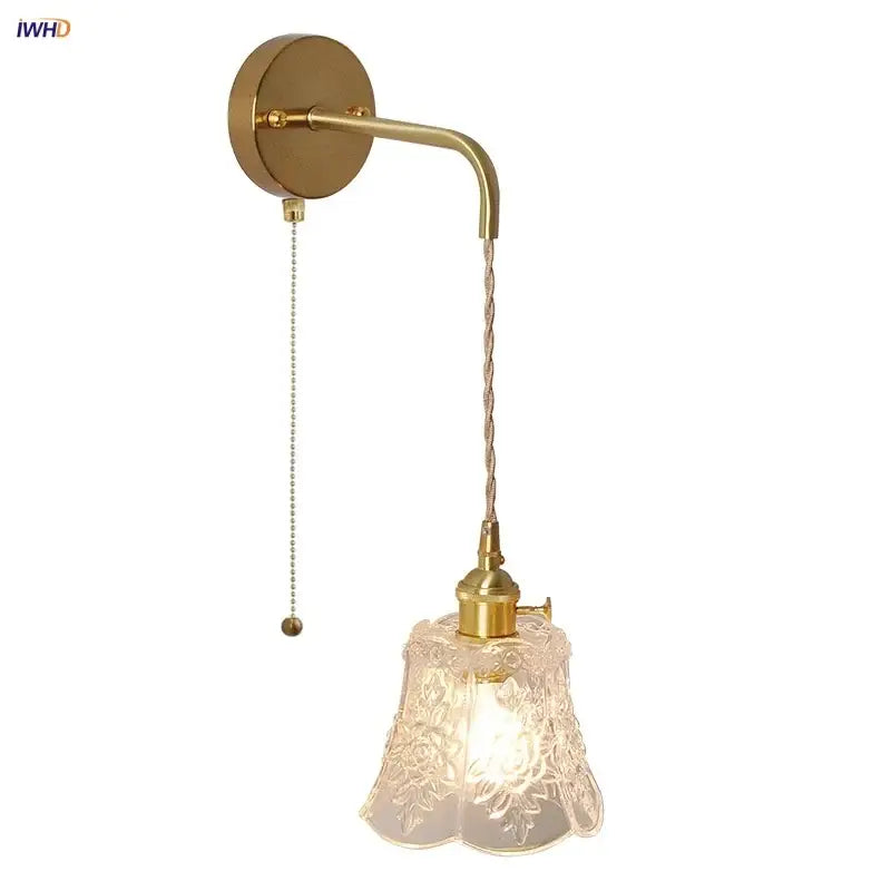 Modern copper wall lamp with gold-toned sconce, twisted cord, and etched glass led wall light fixture for bedroom