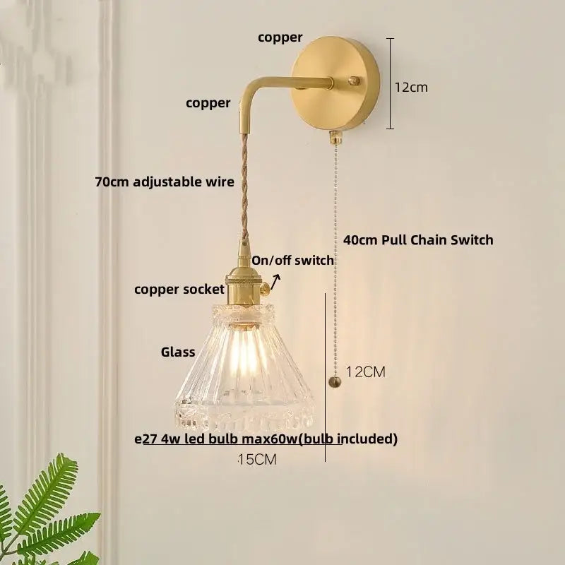 Gold-toned copper led wall light with faceted clear glass shade and adjustable 70cm wire for bedroom wall lamp fixture