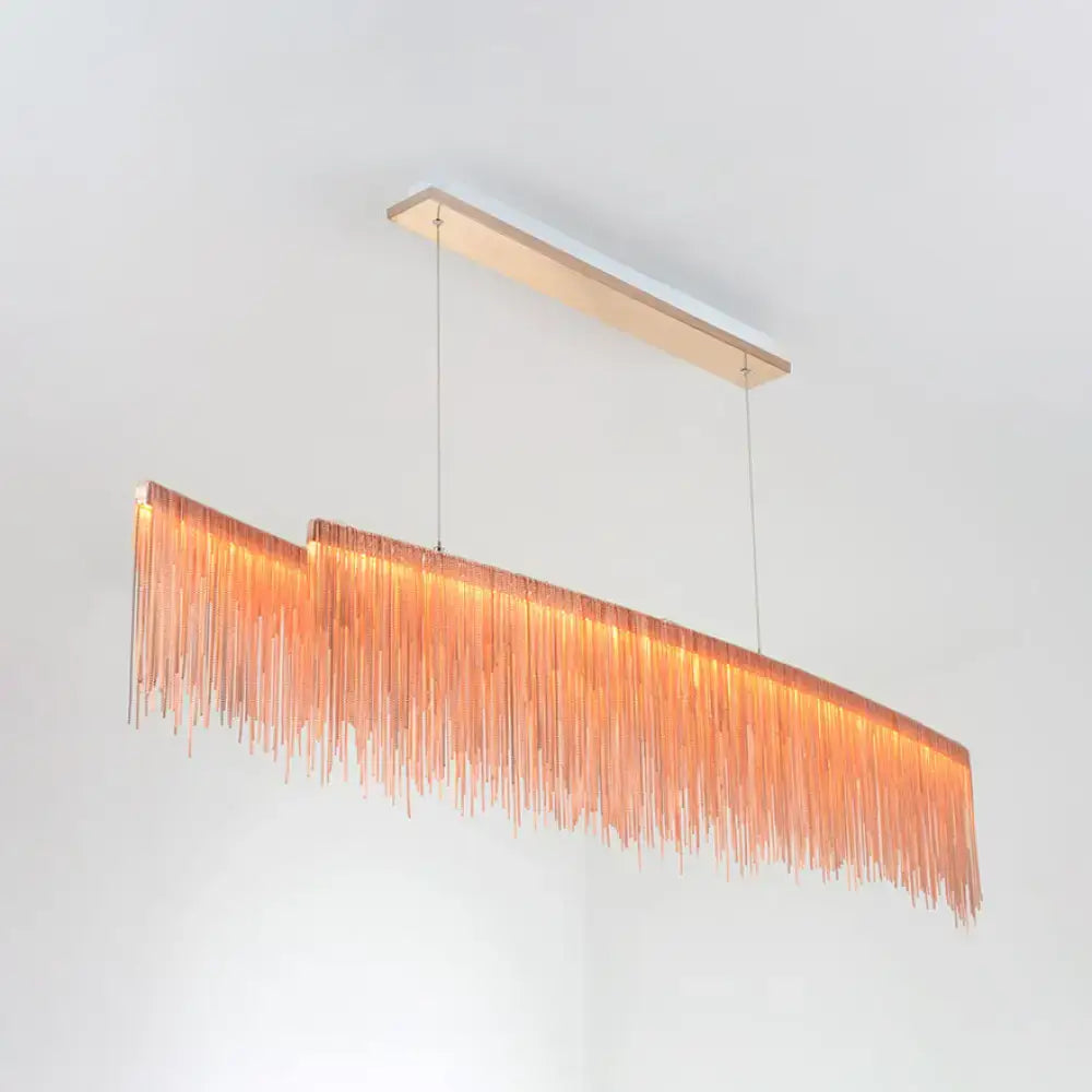 DecorBites™ contemporary metal gold led pendant light with copper fringe and wooden mount for linear island lighting