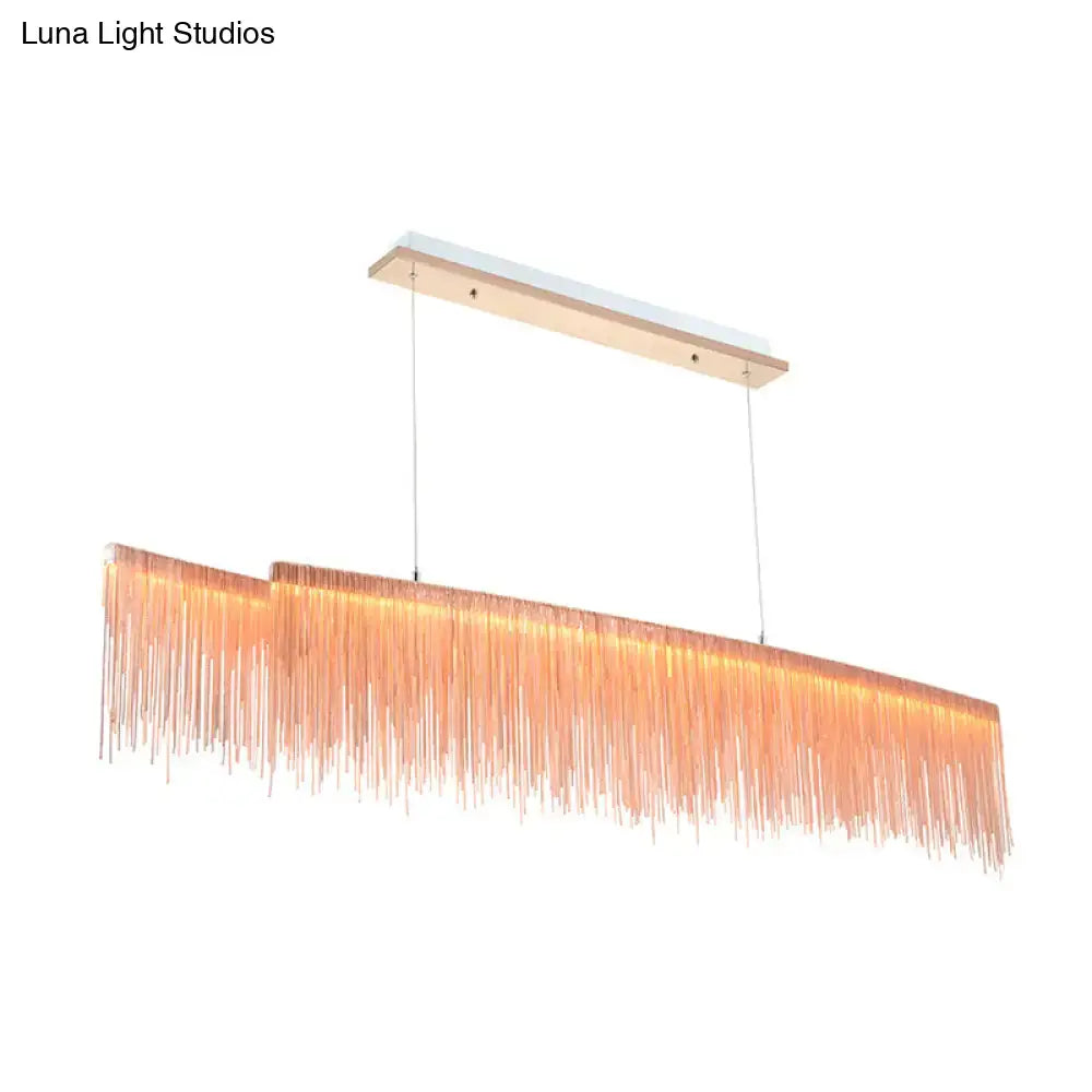 Decorbites contemporary metal gold led linear island pendant light with copper-toned fringe and wooden ceiling mount