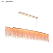 Decorbites contemporary metal gold led linear island pendant light with copper-toned fringe and wooden ceiling mount