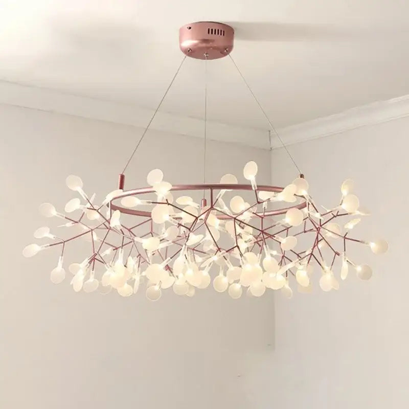 Modern copper heracleum chandelier with rose gold metal branch-like arms holding translucent white glass orbs for dining room decorbites heracleum chandelier