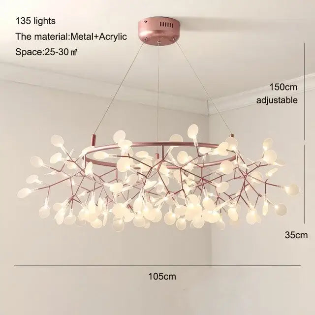Modern copper heracleum chandelier featuring 135 rose gold metal and acrylic lights in a branching leaf design for dining room decorbites heracleum chandelier