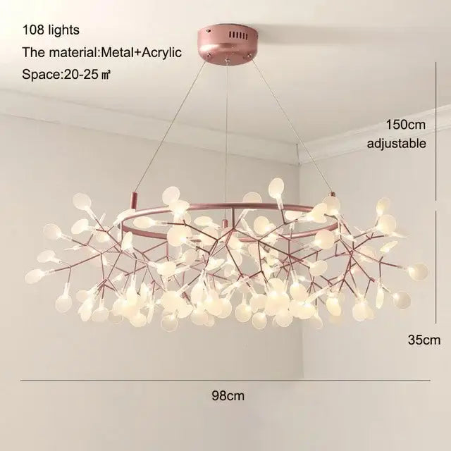 Modern copper heracleum chandelier with rose gold metal and acrylic featuring 108 lights in dining room firefly decorbites design