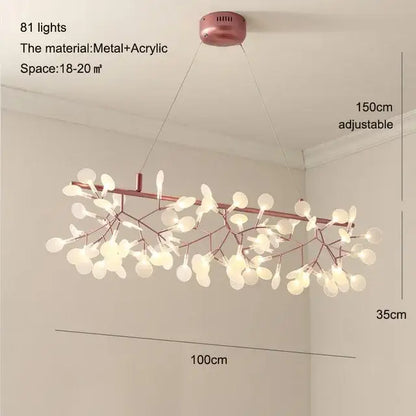 A modern rose gold heracleum chandelier with 81 glowing acrylic leaf lights by decorbites for dining room decor