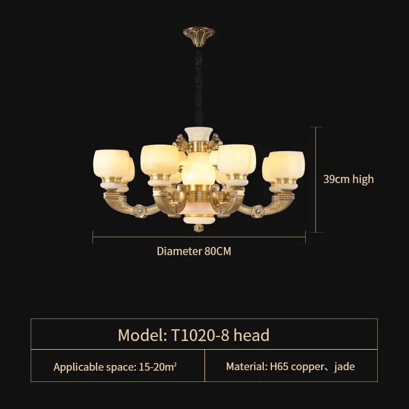 Modern copper jade chandelier with eight frosted glass shades and jade accents for living room lighting model t1020-8 head