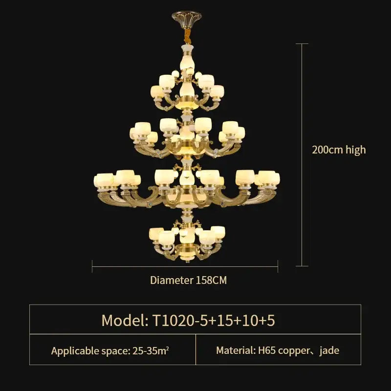 Elegant multi-tiered modern copper jade chandelier with gold-toned h65 copper and frosted glass shades for living room lighting