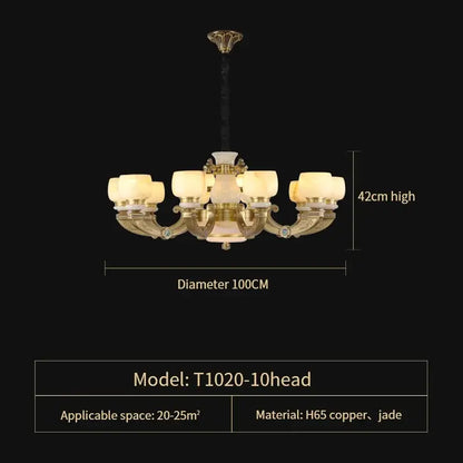 Elegant copper jade chandelier with gold-toned frame, ten frosted glass shades, and jade accents for living room lighting