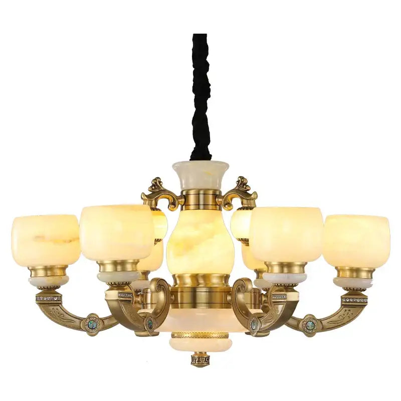 Elegant copper jade chandelier with warm alabaster shades and ornate detailing for modern living room lighting