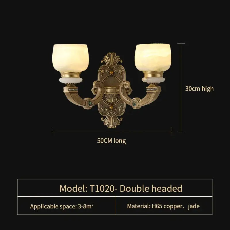 Antique brass double-headed wall sconce with frosted glass shades and jade accents for copper jade chandelier lighting