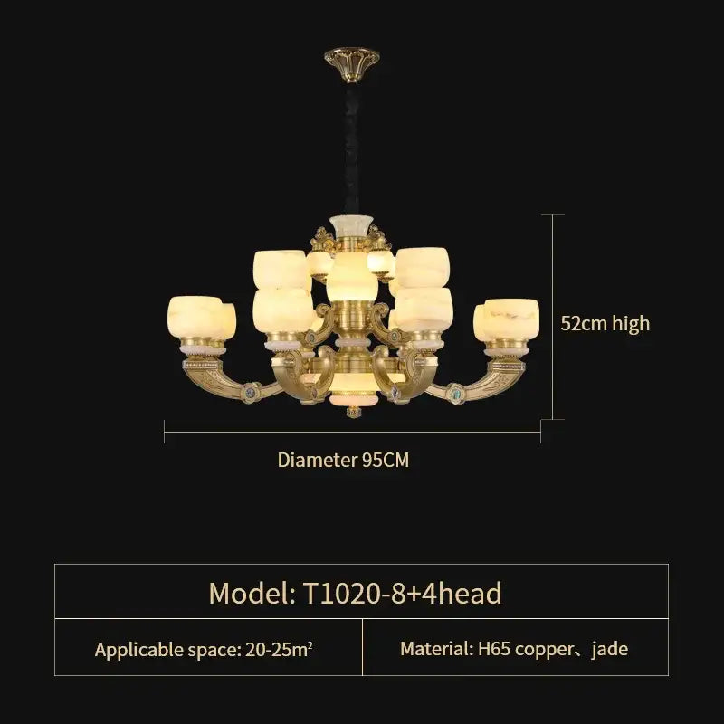 Elegant copper jade chandelier with eight arms and frosted glass measuring 52cm high and 95cm diameter