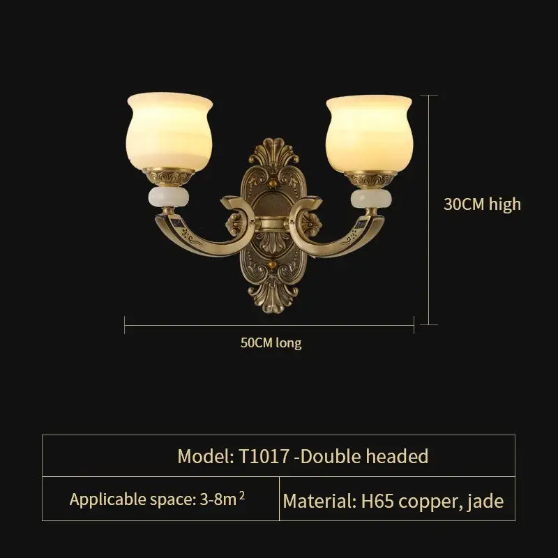 Antique brass double-headed wall sconce with frosted glass shades and jade accents for decorbites copper jade pendant decor