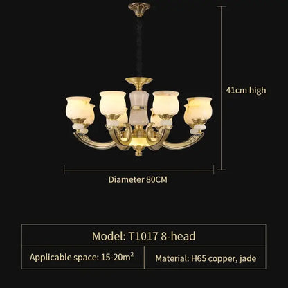 Elegant 8-head pendant lamp with golden copper frame and translucent jade glass shades for modern dining room decorbites copper jade pendant