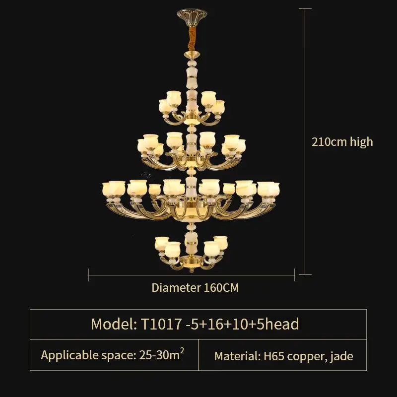Elegant multi-tiered modern copper jade pendant lamp with gold finished h65 copper arms and warm-toned glass shades for dining decor