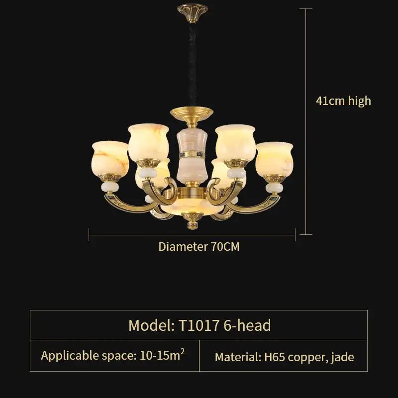 Elegant six-arm pendant lamp with golden h65 copper frame and warm jade shades for decorbites copper jade pendant decor