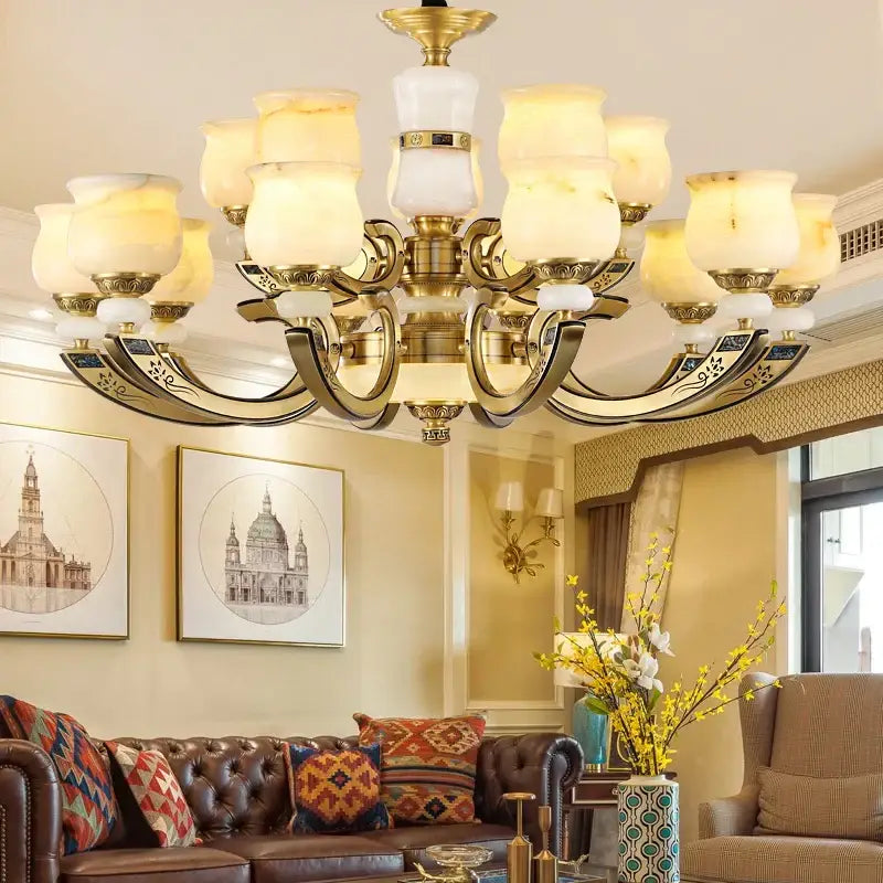 Modern copper jade pendant lamp with gold-toned chandelier ornate metal arms and frosted glass shades for dining room decorbites copper jade pendant