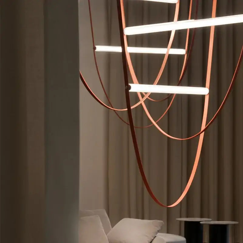 Modern copper leather bell pendant light with sleek curved design wrapped in leather for office decorbites pendant light