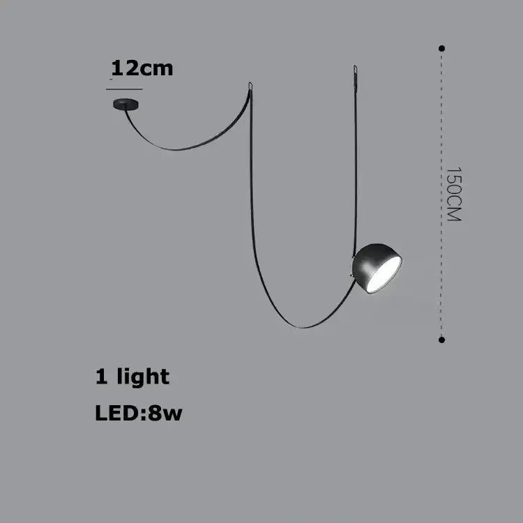 A sleek minimalist black led pendant light with curved cord and adjustable dome head for decorbites led belt chandelier