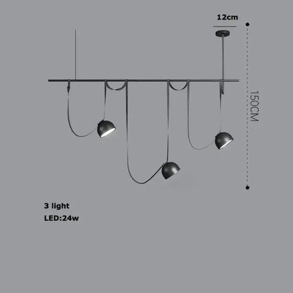 Modern black metal pendant light fixture with three spherical led bulbs and flexible cords for decorbites led belt chandelier