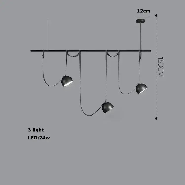 Modern black metal pendant light fixture with three spherical led bulbs and flexible cords for decorbites led belt chandelier