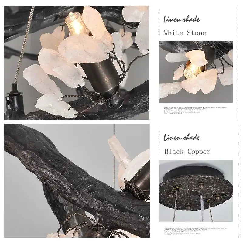 Modern copper led branch chandelier featuring dark textured copper and white stone crystals for dining room decorbites copper led