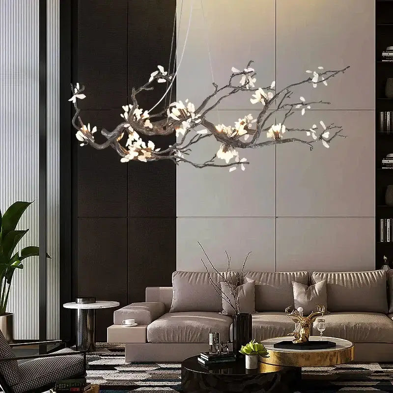 A modern copper led branch chandelier with dark metallic limbs and white flowers for dining room decorbites copper led lighting