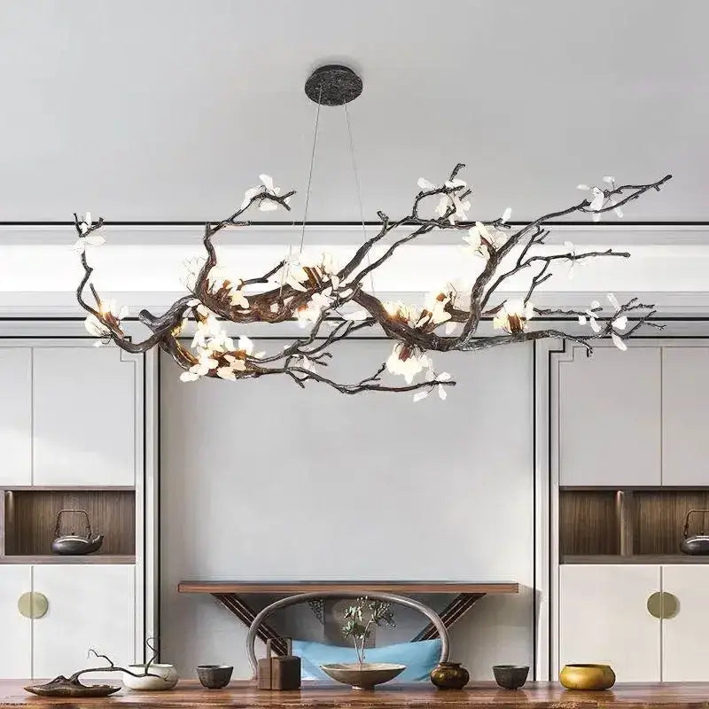Modern copper led branch chandelier with dark metal branches and white blossoms for dining room decorbites copper led lighting