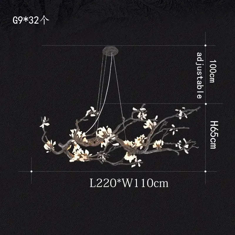 Elegant black and white magnolia branch led branch chandelier with adjustable height in modern copper led decorbites style