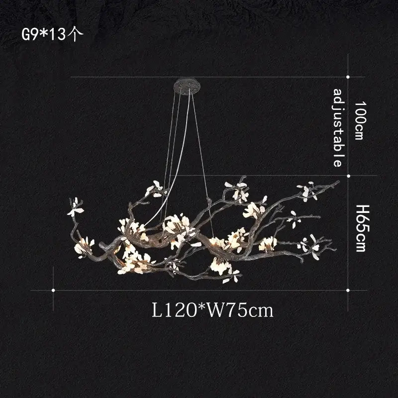 Elegant black and white magnolia branch decorbites copper led chandelier with adjustable height for modern dining room decor