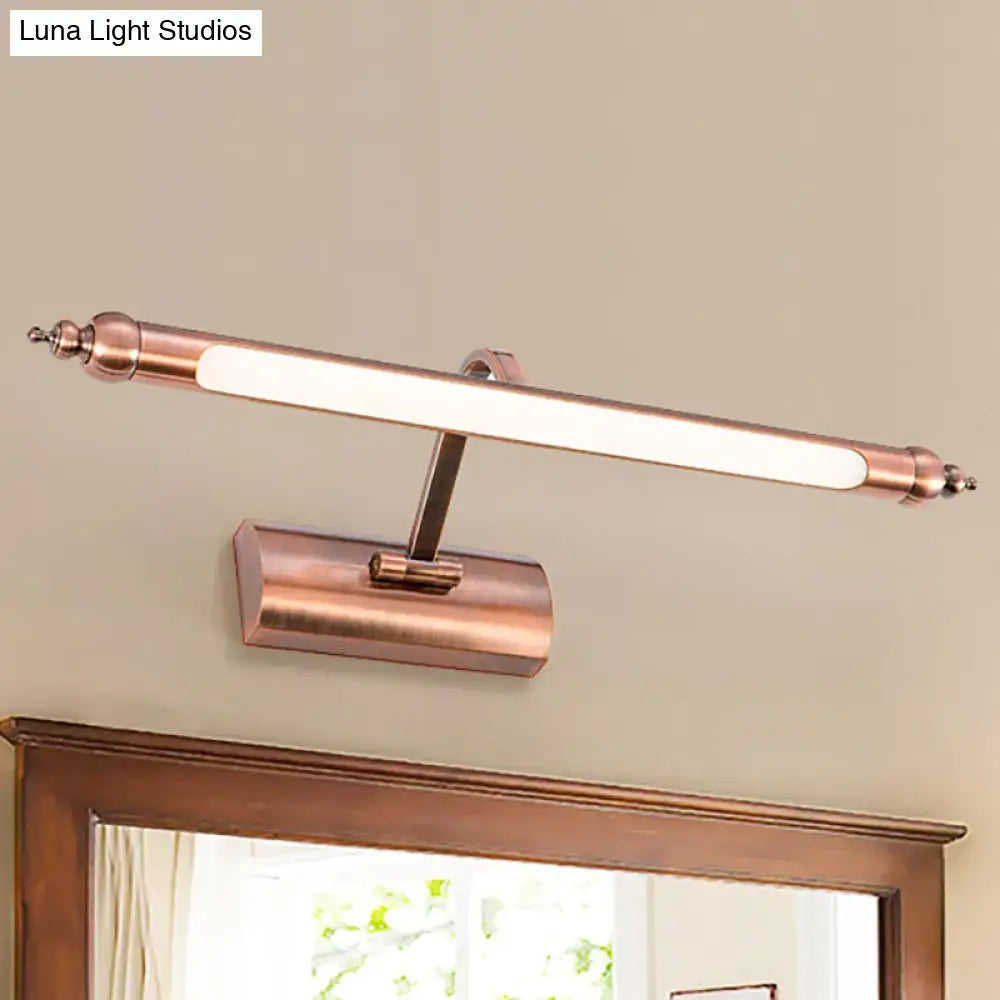 Modern copper linear led bathroom vanity sconce light with a sleek rectangular design and elongated led strip for bathroom vanity use
