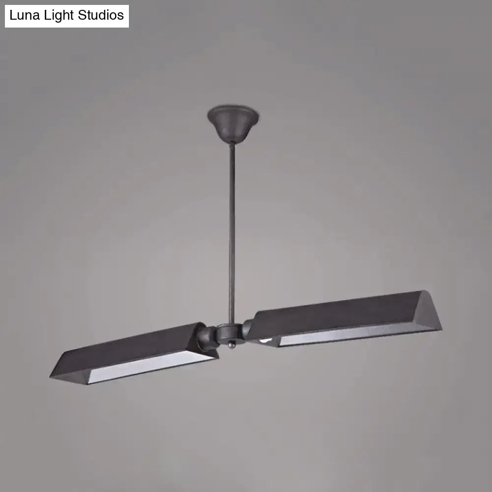 Modern black metal pendant light with two angular rectangular lamp heads for metal triangle island kitchen use