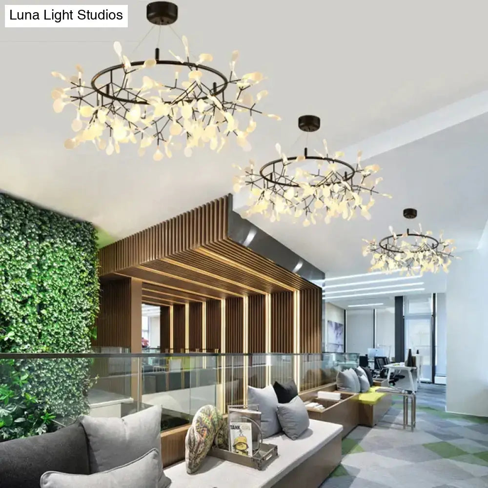 Modern black metal pendant light with delicate leaf-shaped frosted glass accents tree branch design led lamp for dining room
