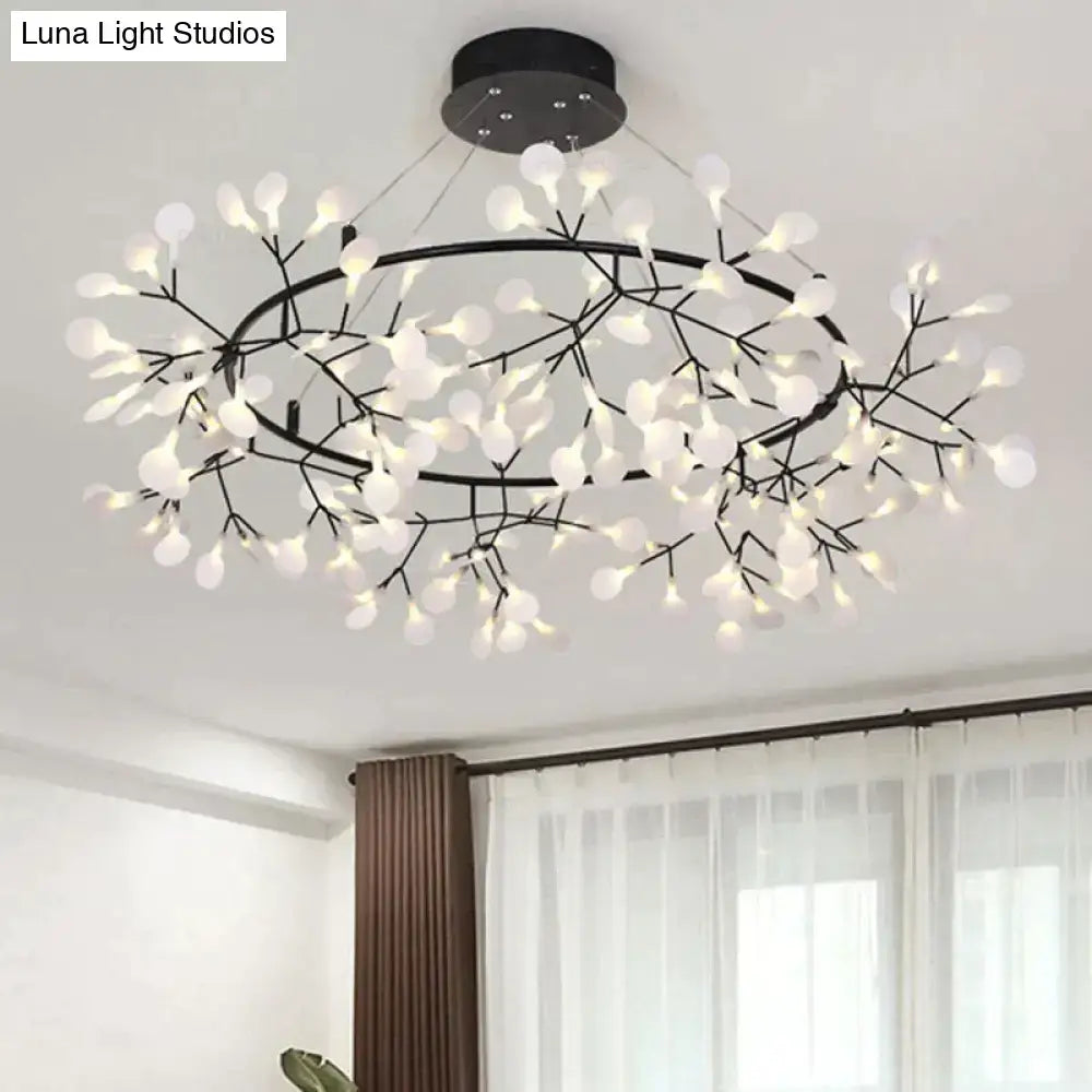 Black metal pendant light with delicate tree branch arms and white spherical lights modern led lamp for dining room