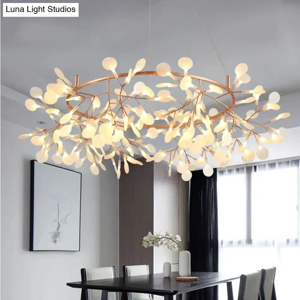 Modern copper tree branch pendant light with delicate leaf-shaped glass orbs and led lamp for dining room use