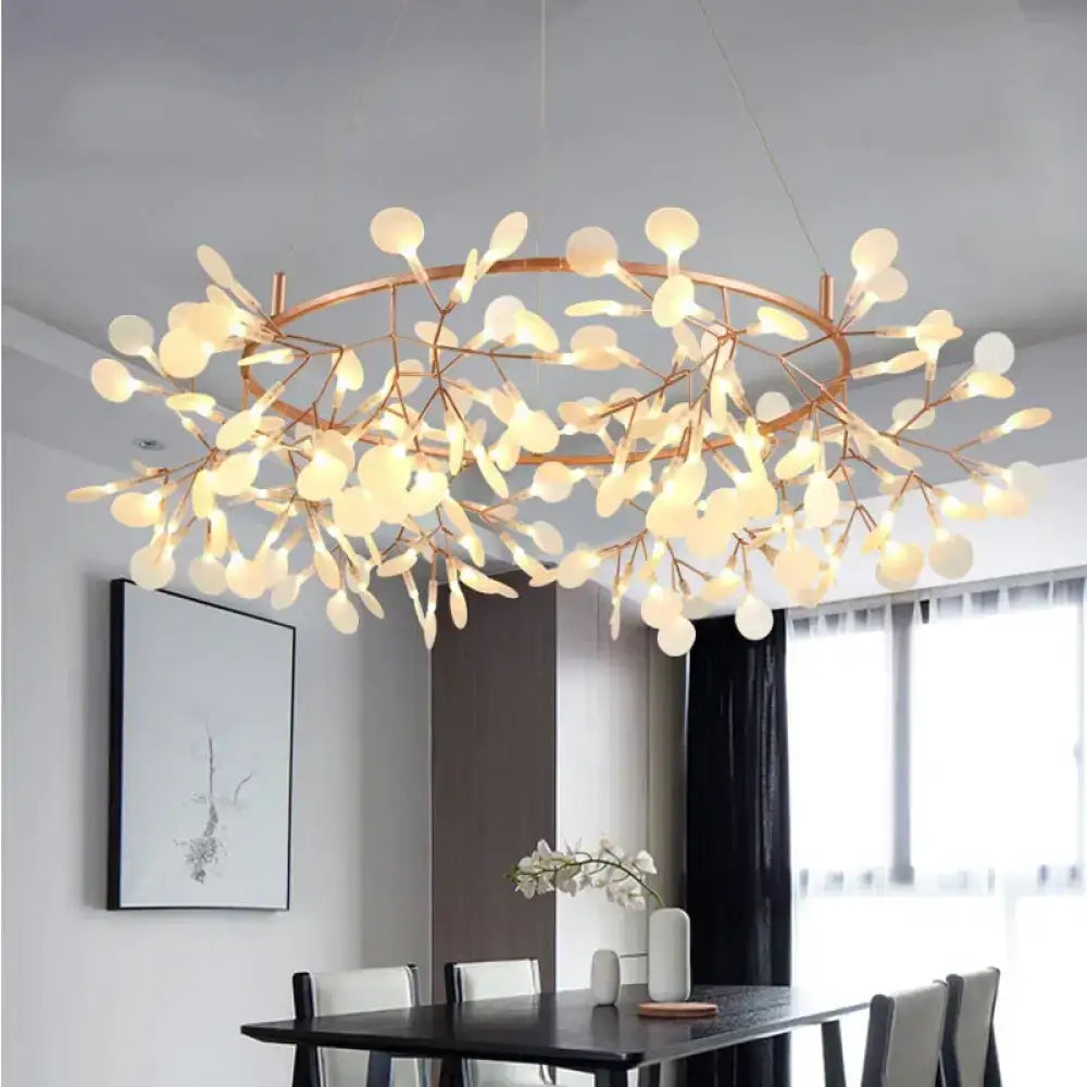 Modern copper tree branch pendant light with leaf-shaped glass orbs and led lamp for dining room illumination